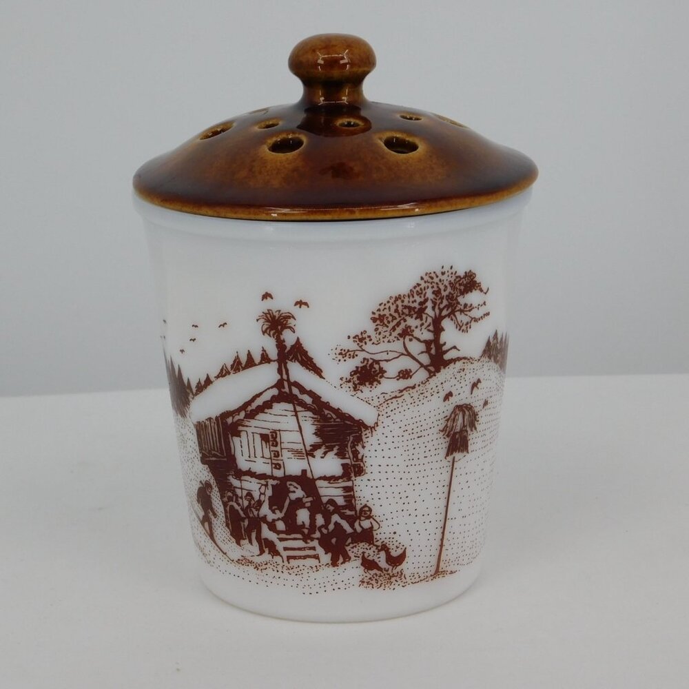 Vintage Amway Milk Glass Winter Homestead Scene Potpourri Jar with Lid Garlic